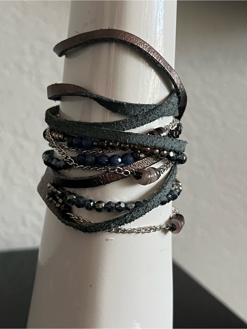 Multi-Strand Dark Green Leather Wrap Bracelet with Beads